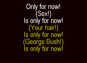 Only for now!
(Sex!)
Is only for now!
(Your hair!)

Is only for now!
(George Bush!)
Is only for now!