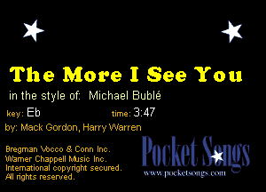 I? 451

The More I See You

m the style of Michael Buble

key Eb 1m 3 47
by, Mack Gordon, Harry Warren

Bmgman Vbcco 3 Conn Inc
Warner Chappell Mme Inc

Imemational copynght secured
m ngms resented, mmm