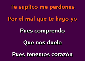 Te suplico me perdones
Por el mal que te hago yo
Pues comprendo
Que nos duele

Pues tenemos corazdn