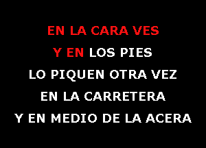 EN LA CARA VES
Y EN LOS PIES
L0 PIQUEN OTRA VEZ
EN LA CARRETERA
Y EN MEDIO DE LAACERA