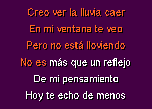 Creo ver Ia Iluvia caer

En mi ventana te veo

Pero no esta Iloviendo
No es mas que un reflejo

De mi pensamiento

Hoy te echo de menos l