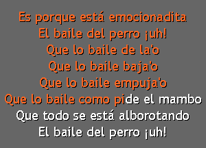 Es porque estai emocionadita
El baile del perro iuh!
Que lo baile de la'o
Que lo baile baja'o
Que lo baile empuja'o
Que lo baile como pide el mambo
Que todo se estai alborotando
El baile del perro iuh!