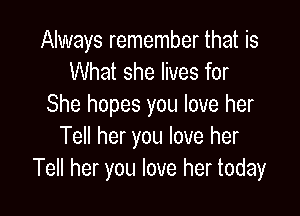 Always remember that is
What she lives for
She hopes you love her

Tell her you love her
Tell her you love her today
