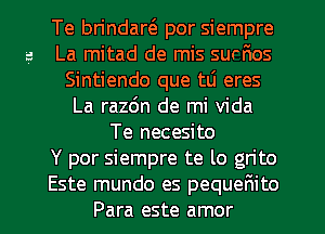 Te brindaw por siempre
g La mitad de mis surfmos
Sintiendo que tLi eres
La razdn de mi Vida
Te necesito
Y por siempre te lo grito
Este mundo es pequefmito
Para este amor

I.