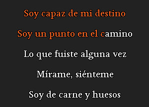 Soy capaz de mi destino
Soy un punto en el camjno
Lo que fuiste alguna vez

Mirame, sit'anteme

Soy de came y huesos l