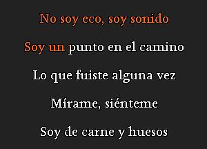 No soy eco, soy sonido
Soy un punto en el camjno
Lo que fuiste alguna vez

Mirame, sit'anteme

Soy de came y huesos l