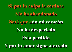 Si por tu culpa la cordura
hie ha abandonado
Serai que afm mi corazfm
No ha despertado
Esta perdido

Y por tu amor sigue aferrado