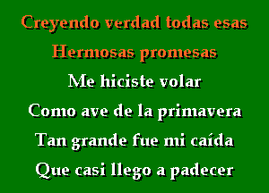 Creyendo verdad todas esas
Hermosas promesas
hie hiciste volar
Como ave de la primavera
Tan grande fue mi caida

Que casi llego a padecer