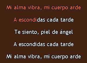 Mi alma vibra, mi cuerpo arde
A escondidas cada tarde
Te siento, piel de angel
A escondidas cada tarde

Mi alma vibra, mi cuerpo arde