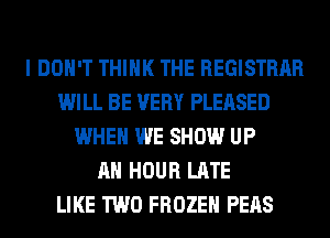 I DON'T THINK THE REGISTRAR
WILL BE VERY PLEASED
WHEN WE SHOW UP
AH HOUR LATE
LIKE TWO FROZEN PEAS