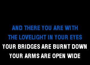 AND THERE YOU ARE WITH
THE LOVELIGHT IN YOUR EYES
YOUR BRIDGES ARE BURNT DOWN
YOUR ARMS ARE OPEN WIDE
