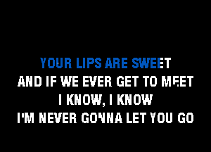 YOUR LIPS ARE SWEET
AND IF WE EVER GET TO MEET
I KNOW, I KNOW
I'M NEVER GO'IHA LET YOU GO