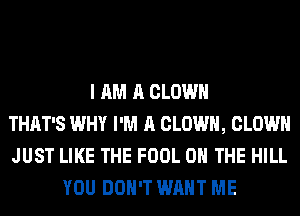 I AM A CLOWN
THAT'S WHY I'M A CLOWN, CLOWN
JUST LIKE THE FOOL ON THE HILL
YOU DON'T WANT ME