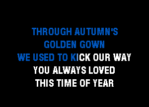 THROUGH AUTUMN'S
GOLDEN GOWN
WE USED TO KICK OUR WAY
YOU ALWAYS LOVED
THIS TIME OF YEAR