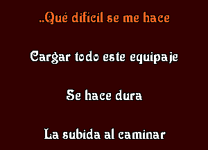 ..Qus2 dificil se me hace

Gargar todo este equipaie

Se hace dura

La subida al caminar