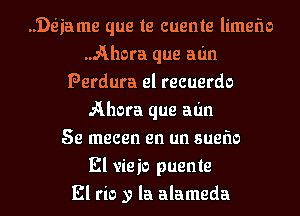 ..'De'iame que te cuente limefw
.Ahora que aim
Perdura el recuerdo
thora que aim
Se mecen en un sueflo
El vieio puente
El rio y la alameda