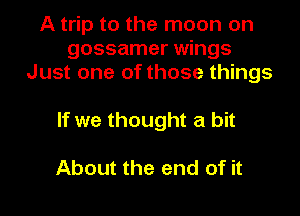 A trip to the moon on
gossamer wings
Just one of those things

If we thought a bit

About the end of it