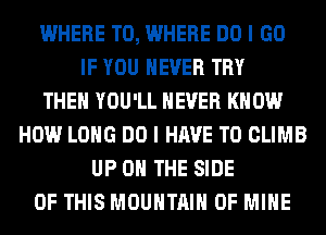 WHERE TO, WHERE DO I GO
IF YOU EVER TRY
THE YOU'LL NEVER KNOW
HOW LONG DO I HAVE TO CLIMB
UP ON THE SIDE
OF THIS MOUNTAIN OF MINE