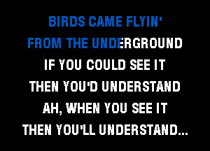 BIRDS CAME FLYIH'
FROM THE UNDERGROUND
IF YOU COULD SEE IT
THEN YOU'D UNDERSTAND
AH, WHEN YOU SEE IT
THEN YOU'LL UNDERSTAND...