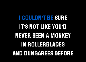 I COULDN'T BE SURE
IT'S NOT LIKE YOU'D
NEVER SEEN A MONKEY
IN ROLLERBLADES
AND DUHGAREES BEFORE
