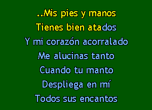 ..Mis pies y manos
Tienes bien atados
Y mi corazdn acorralado
Me alucinas tanto
Cuando tu manto
Despliega en mi

Todos sus encantos l