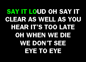 SAY IT LOUD 0H SAY IT
CLEAR AS WELL AS YOU
HEAR ITS TOO LATE
0H WHEN WE DIE
WE DONT SEE
EYE T0 EYE