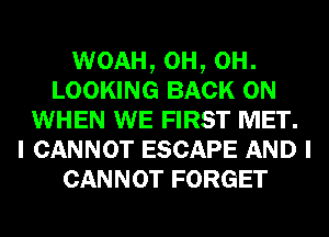 WOAH, 0H, 0H.
LOOKING BACK ON
WHEN WE FIRST MET.
I CANNOT ESCAPE AND I
CANNOT FORGET