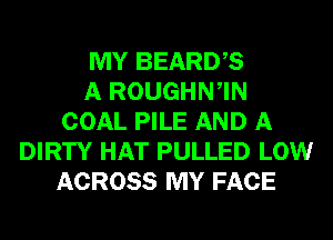 MY BEARDB
A ROUGHN,IN
COAL PILE AND A
DIRTY HAT PULLED LOW
ACROSS MY FACE