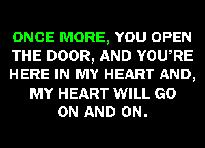 ONCE MORE, YOU OPEN
THE DOOR, AND YOURE
HERE IN MY HEART AND,
MY HEART WILL GO
ON AND ON.