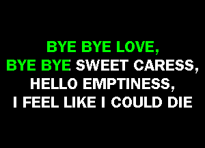 BYE BYE LOVE,
BYE BYE SWEET CARESS,
HELLO EMPTINESS,
I FEEL LIKE I COULD DIE