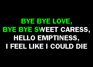 BYE BYE LOVE,
BYE BYE SWEET CARESS,
HELLO EMPTINESS,
I FEEL LIKE I COULD DIE