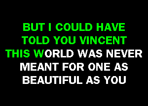 BUT I COULD HAVE
TOLD YOU VINCENT
THIS WORLD WAS NEVER
MEANT FOR ONE AS
BEAUTIFUL AS YOU