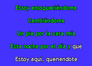 Estoy enloquecwndome
Cambiaindome
Un pie por la cara mfa

Esta noche por el dl'a y quc'a

Estoy aquf, queriendote l