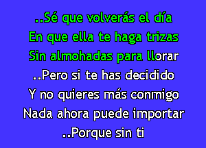 ..5 que volveras el dl'a
En que ella te haga trizas
Sin almohadas para llorar
..Pero si te has decidido
Y no quieres mas conmigo
Nada ahora puede importar

..Porque sin ti l