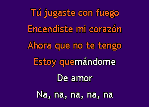 Tu jugaste con fuego

Encendiste mi corazdn
Ahora que no te tengo
Estoy quemaindome
De amor

Na, na, na, na, na