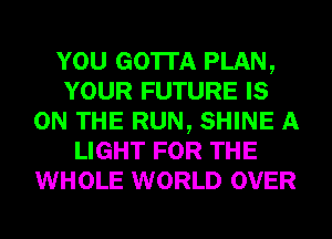 YOU GOTTA PLAN,
YOUR FUTURE IS
ON THE RUN, SHINE A
LIGHT FOR THE
WHOLE WORLD OVER