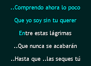 ..Comprendo ahora lo poco

Que yo soy sin tu querer
Entre estas laigrimas

..Que nunca se acabara'm

..Hasta que ..las seques tLi