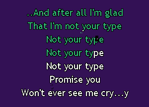 ..And after all I'm glad
That I'm notyour type
Not your type

Not your type
Not your type
Promise you

Won't ever see me cry...y