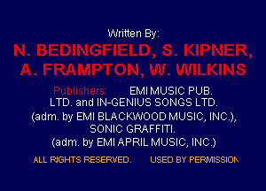 Written Byi

EMIMUSIC PUB.
LTD. and IN-GENIUS SONGS LTD.

(adm. by EMI BLACKWOOD MUSIC, INC),
SONIC GRAFFITI.

(adm. by EMI APRIL MUSIC, INC.)
ALL RIGHTS RESERVED. USED BY PERMISSIOR