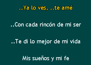 ..Ya lo ves, ..te amc

..Con cada rincc'm de mi ser

..Te di lo mejor de mi Vida

Mis suerios y mi fe