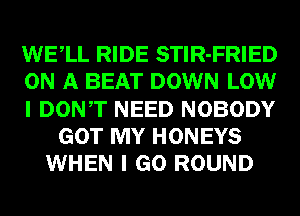 WELL RIDE STlR-FRIED
ON A BEAT DOWN LOW
I DONT NEED NOBODY
GOT MY HONEYS
WHEN I GO ROUND