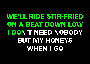 WELL RIDE STlR-FRIED
ON A BEAT DOWN LOW
I DONT NEED NOBODY
BUT MY HONEYS
WHEN I GO