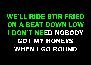 WELL RIDE STlR-FRIED
ON A BEAT DOWN LOW
I DONT NEED NOBODY
GOT MY HONEYS
WHEN I GO ROUND