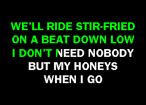 WELL RIDE STlR-FRIED
ON A BEAT DOWN LOW
I DONT NEED NOBODY
BUT MY HONEYS
WHEN I GO