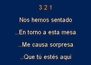 3 2 1
Nos hemos sentado
..En torno a esta mesa

..Me causa sorpresa

..Que tu esws aqui