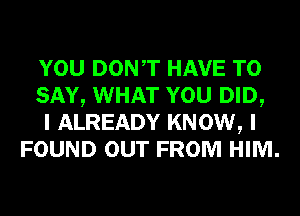 YOU DONT HAVE TO
SAY, WHAT YOU DID,
I ALREADY KNOW, I
FOUND OUT FROM HIM.