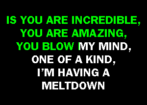 IS YOU ARE INCREDIBLE,
YOU ARE AMAZING,
YOU BLOW MY MIND,
ONE OF A KIND,

PM HAVING A
MELTDOWN