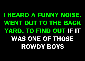 I HEARD A FUNNY NOISE.
WENT OUT TO THE BACK
YARD, TO FIND OUT IF IT
WAS ONE OF THOSE
ROWDY BOYS