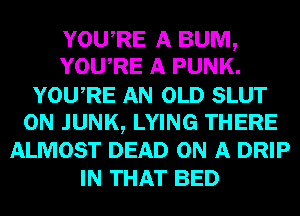 YOUARE A BUM,
YOUARE A PUNK.
YOUARE AN OLD SLUT
0N JUNK, LYING THERE
ALMOST DEAD ON A DRIP
IN THAT BED