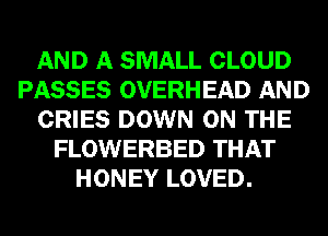 AND A SMALL CLOUD
PASSES OVERHEAD AND
CRIES DOWN ON THE
FLOWERBED THAT
HONEY LOVED.